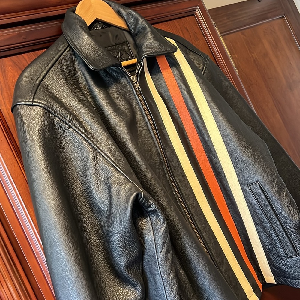 Geek Squad Automotive Racing Black Leather Bomber Jacket with Race Stripes! - Picture 3 of 12